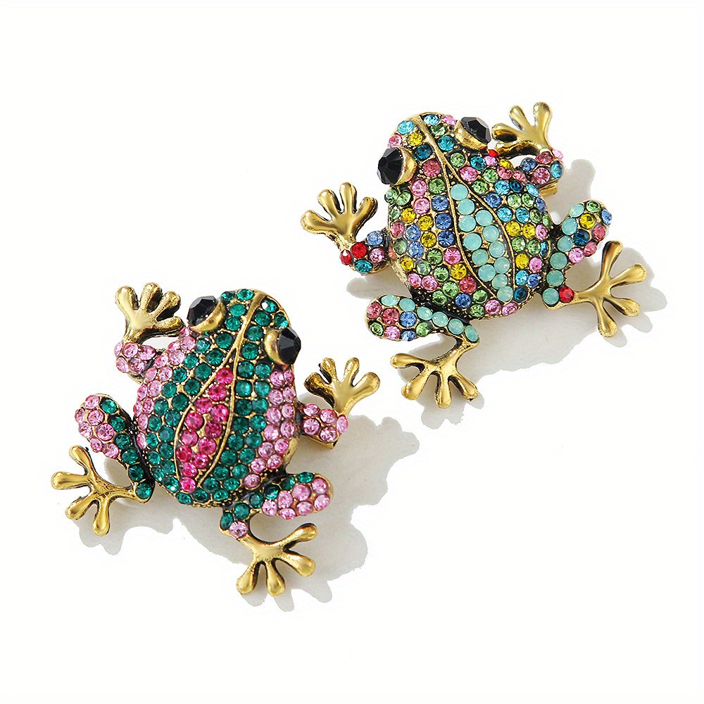 TEMU 2pcs Vintage-style Frog Brooch With Sparkling Rhinestones - Alloy Animal Pin, Retro Unisex Jewelry Gift For , Durable Fashion Accessory For