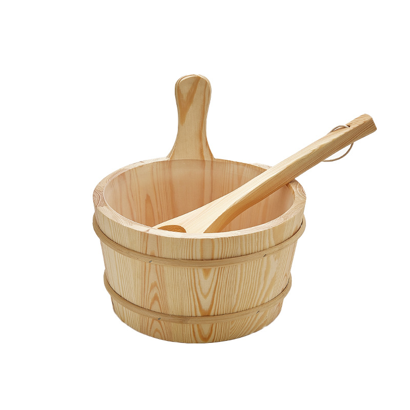 Image of Sauna Bucket Set With Spoon, Wooden Sauna Bucket And Accessories, Unisex, Suitable For Winter Steaming, Home Sauna, Sauna Room, And Outdoor Use