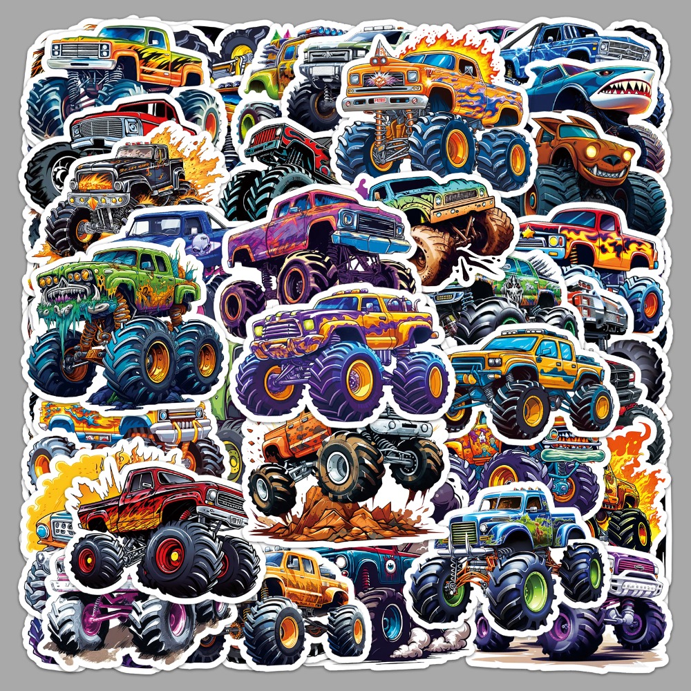 50pcs Monster Truck Stickers Suitable For, Temporary Decals With Monster Truck Designs, Irregular Shapes & Glossy Paper Suitable For Skateboard,, Laptop, Scrapbooking, Water Bottle, Phone Decoration