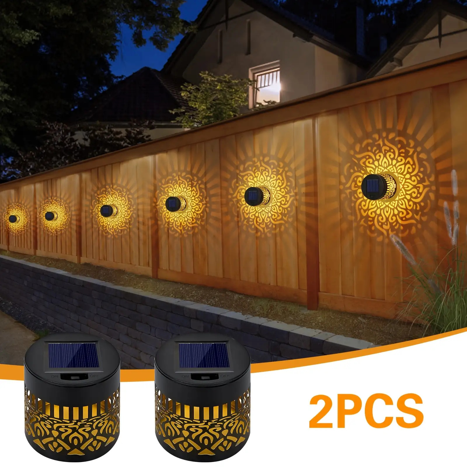 TEMU 2pcs Solar Fence Lights Metal Solar Outdoor Deck Step Wall Lights Mandala Theme Waterproof Fence Lights For Patio Backyard Yard Decoration Fairy