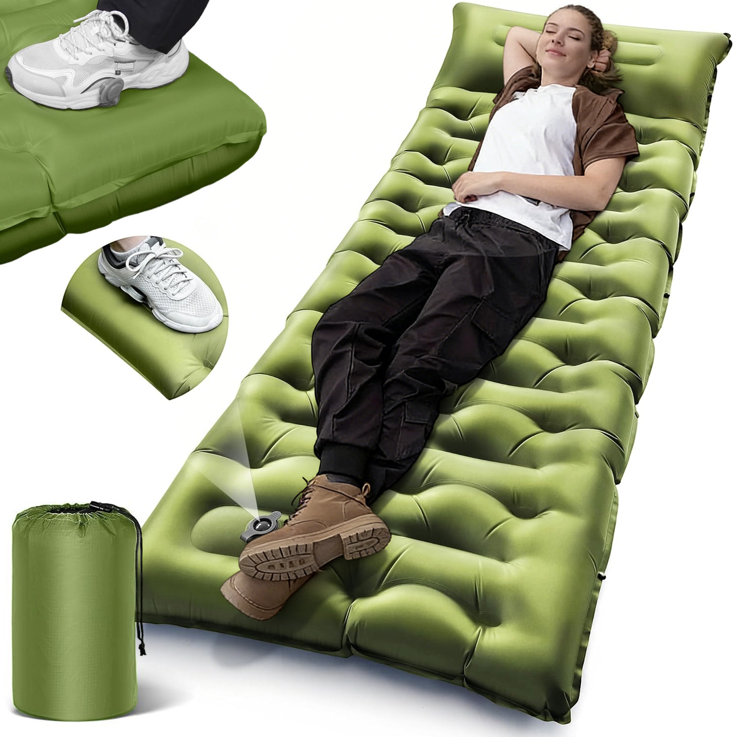 Camping Inflatable Air Sleeping Pad, 190x70x15cm Portable Mat With Integrated Foot Pump & Attached Headrest