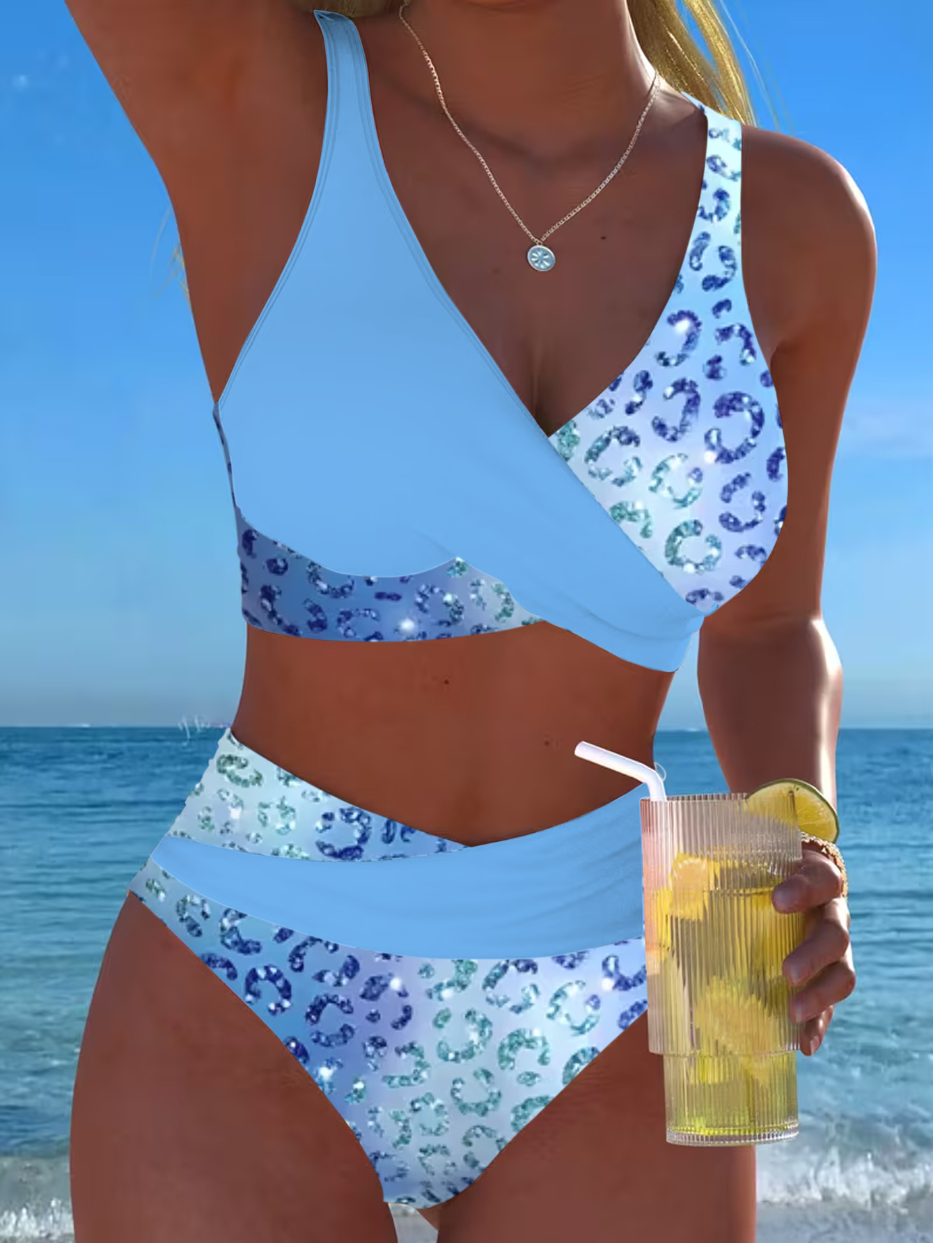 new beach pool party cross chest half solid color half printed   bikini two piece swimsuit for women floral pattern high stretch fabric
