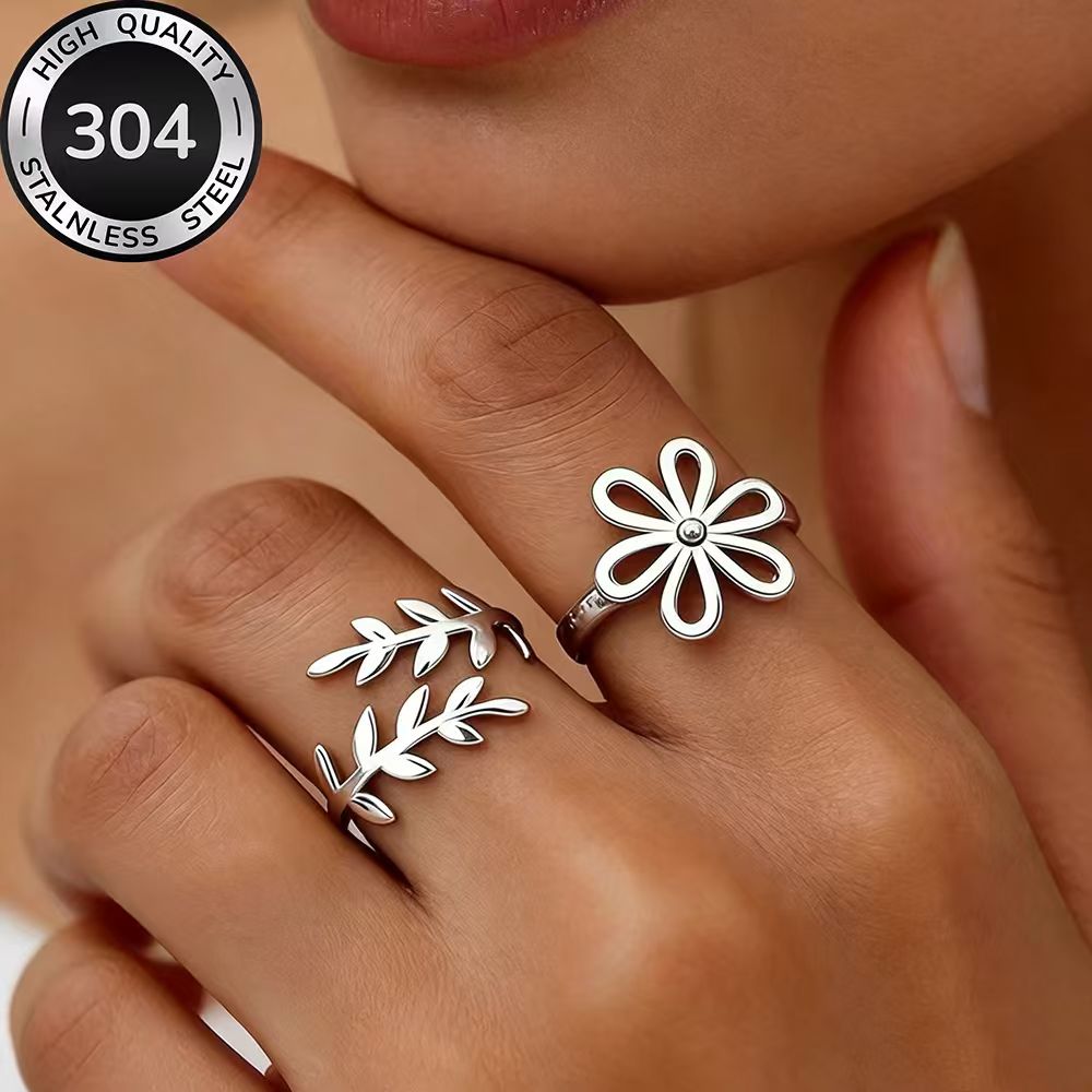 2pcs Stackable Open Ring Set, Golden Stainless Steel
