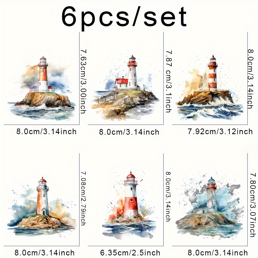 6pcs Set Multicolor Lighthouse Iron-on Transfer Applique, Watercolor Coastal Navigation Dtf Heat Press Transfer, For Fabric Decoration