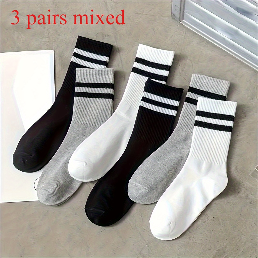 3 Pairs Breathable Sports Socks - Moisture-wicking Mid-calf Striped Crew Socks, Soft Unisex Athletic Socks For Gym, Running, Casual Wear - , Sweat Absorption Fabric