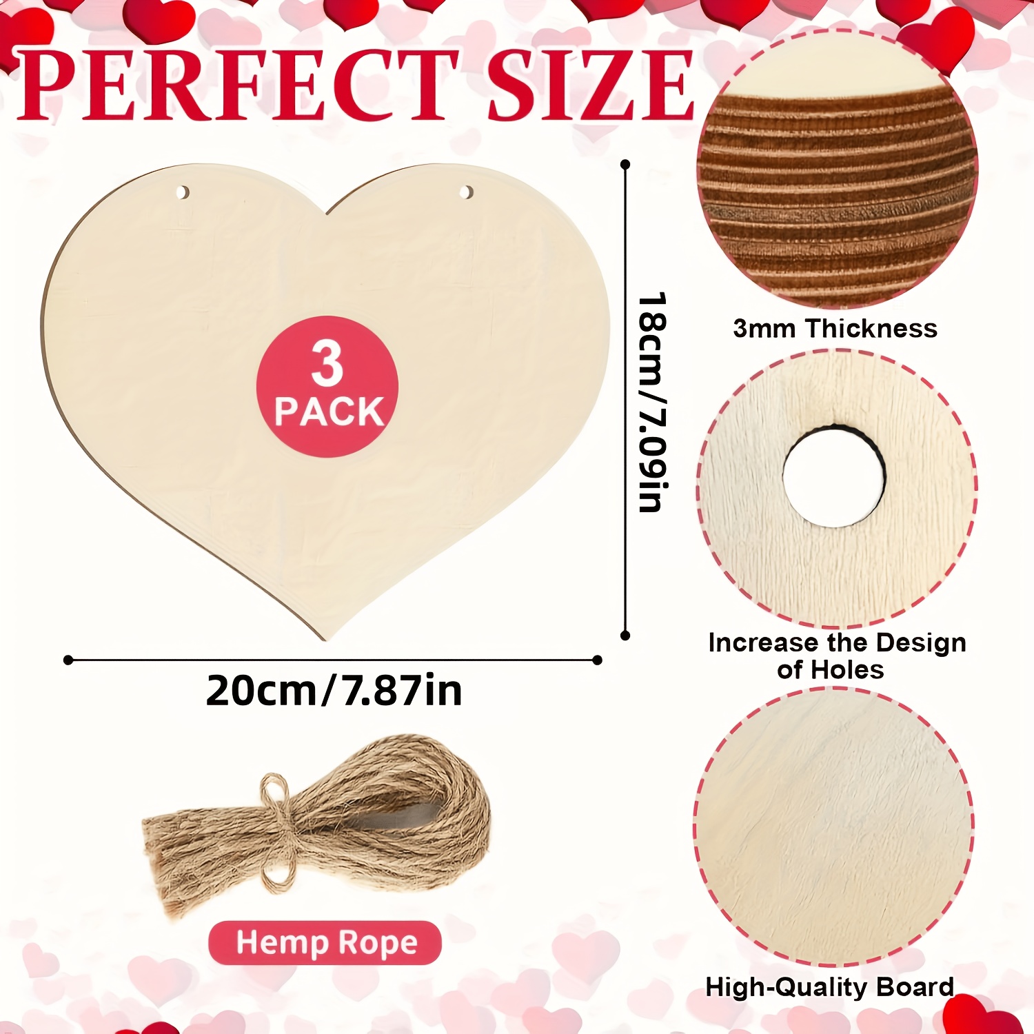 TEMU Set di 3 decorazioni a forma di cuore in legno 2D piatto, 20 x 18 cm in legno , per design personalizzato, per , la stagione della laurea,
