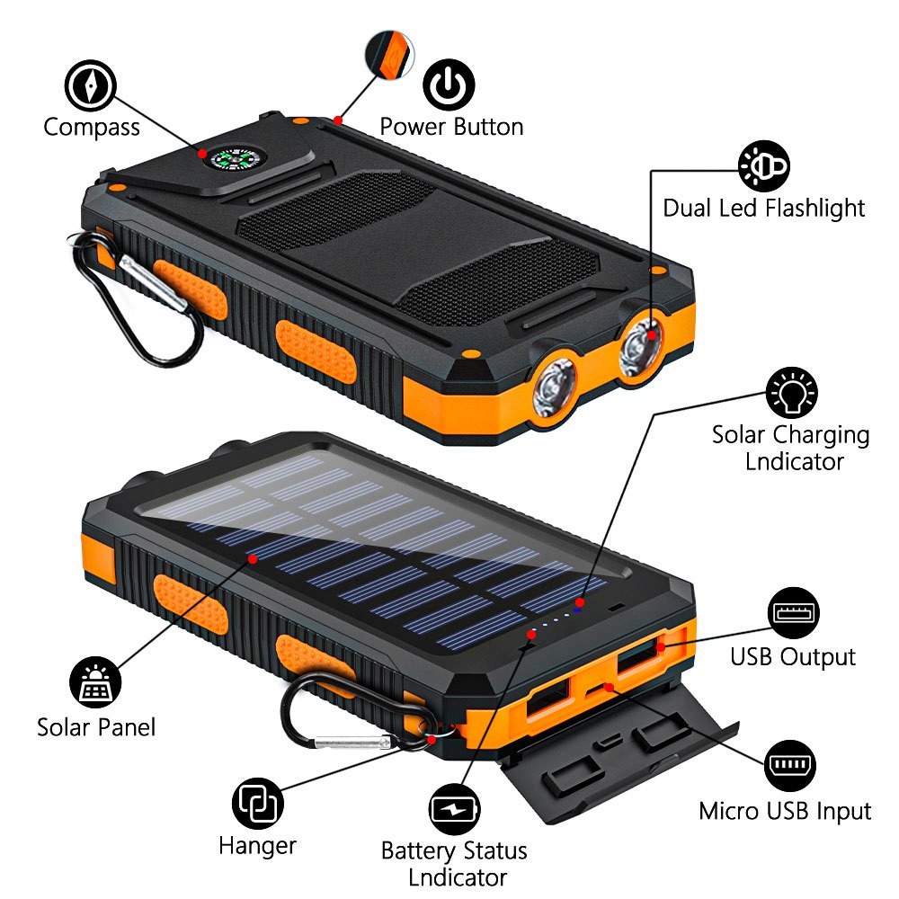 1pc 10000 30000mah solar mobile power with flashlight usb type c micro interface compass for mobile digital electronic devices long lasting   travel camping led flashlight hiking     for festival