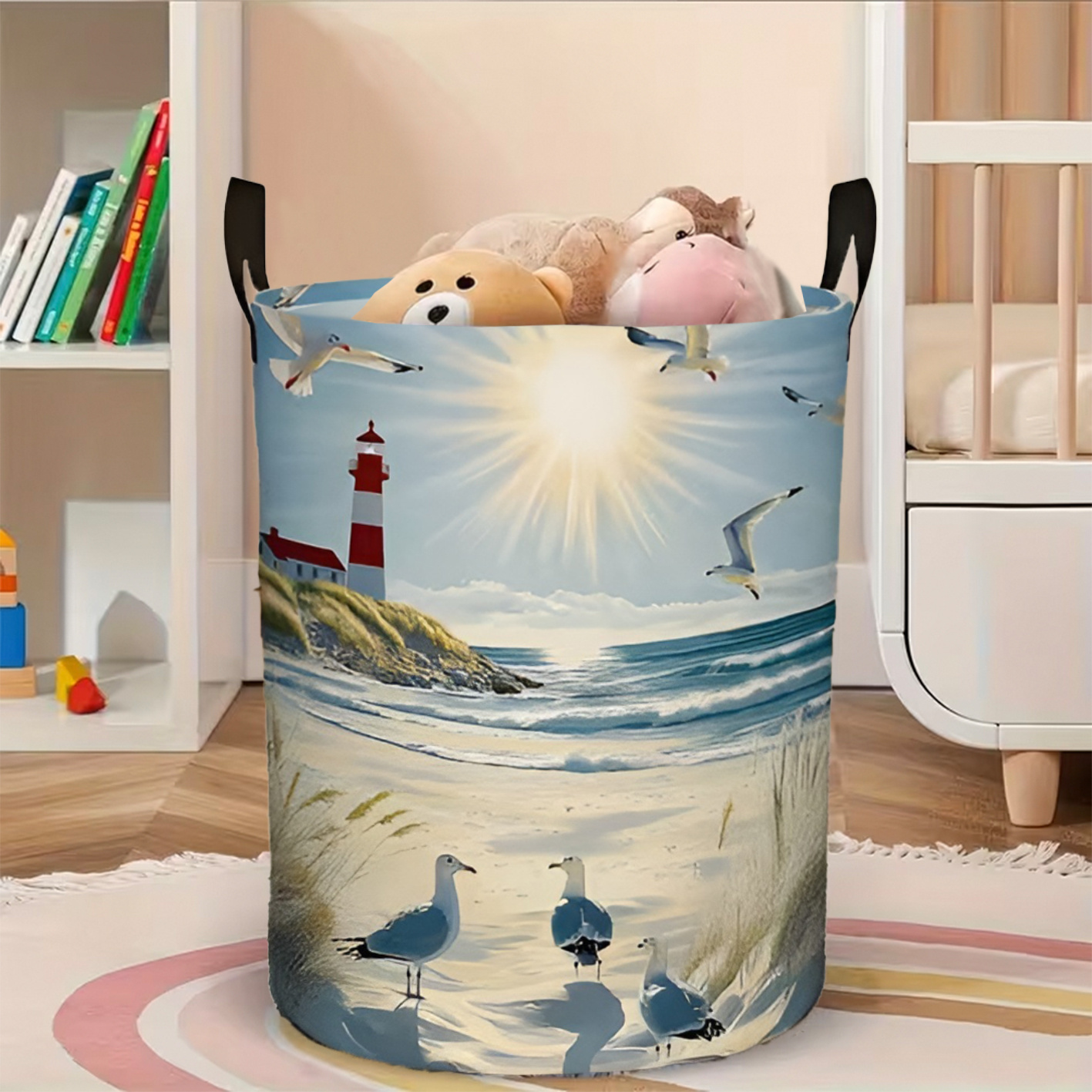 TEMU 1 panier à linge sur le thème du phare et des goélands, panier à vêtements, avec poignée sécurisée, panier de rangement rond, convient pour , de