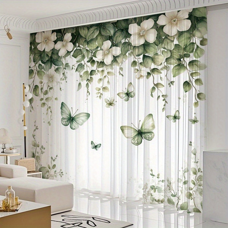 TEMU 2 Elegant Sheer Curtains With Floral Prints, Cute Leaf Designs, And Vine Patterns, Perfect For Windows And Doors In Living Rooms, Bedrooms, And