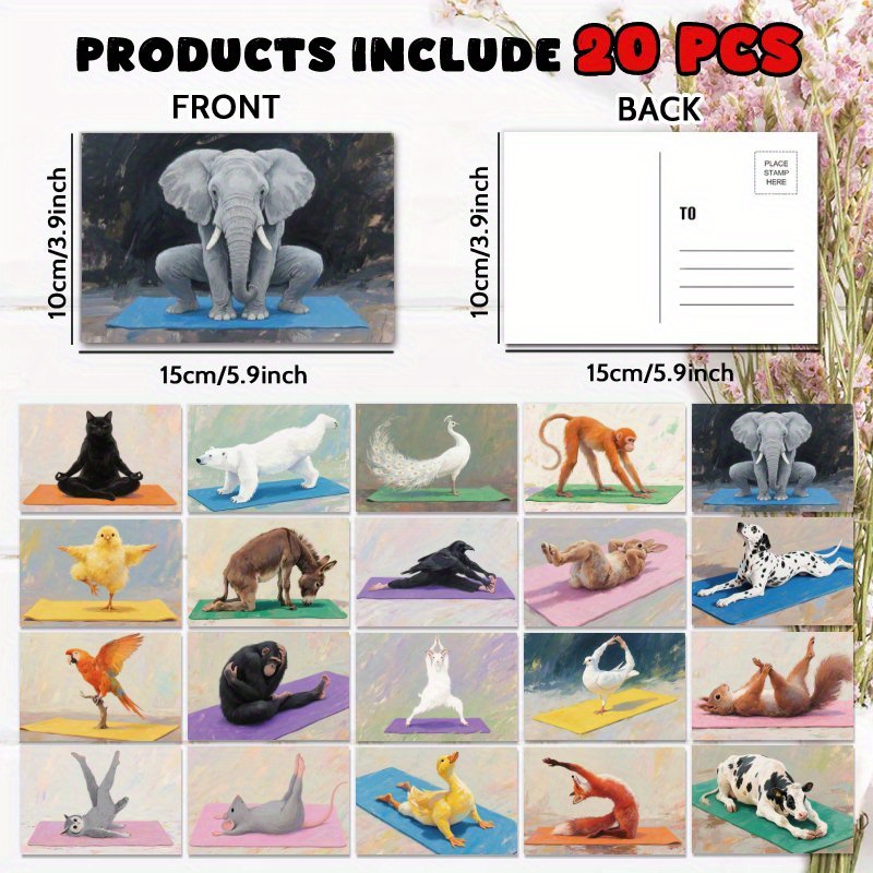 Image of Set Of 20 Animal-themed Yoga Postcards, A Gift For , Perfect For Celebrations, Birthday Gratitude, Uplifting Messages, And Quirky Items