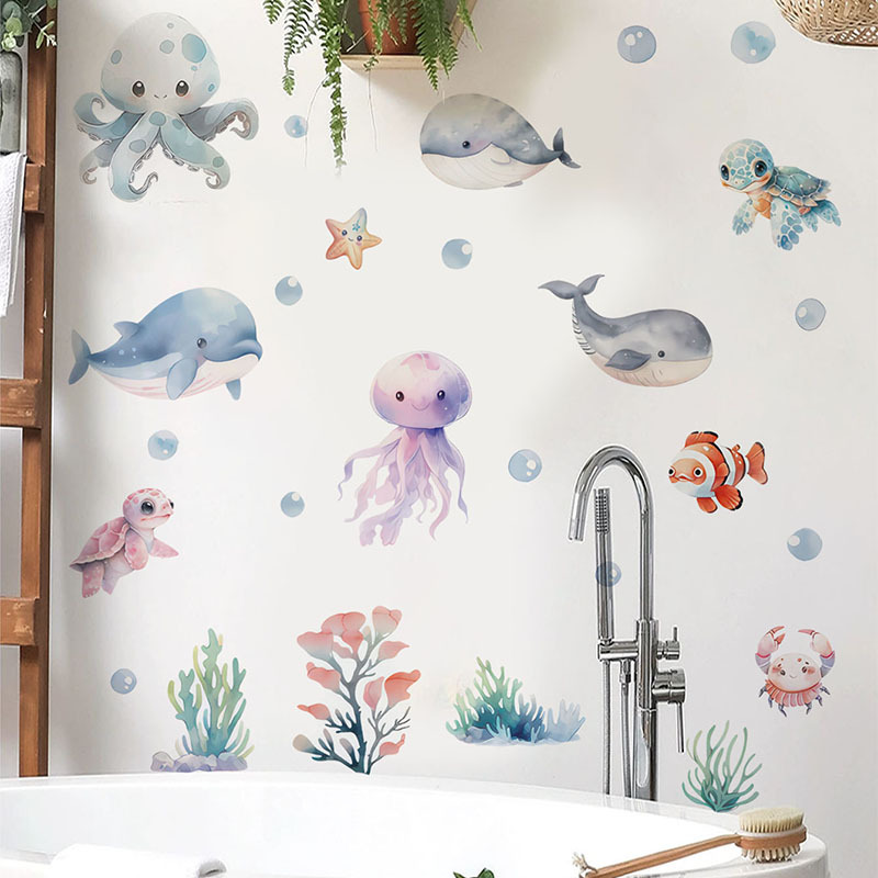 Image of Animal Whale Turtle Jellyfish Wall Stickers, Decorative Living Room, Dining Room, Bathroom, Bedroom, Removable Pvc Wall Stickers