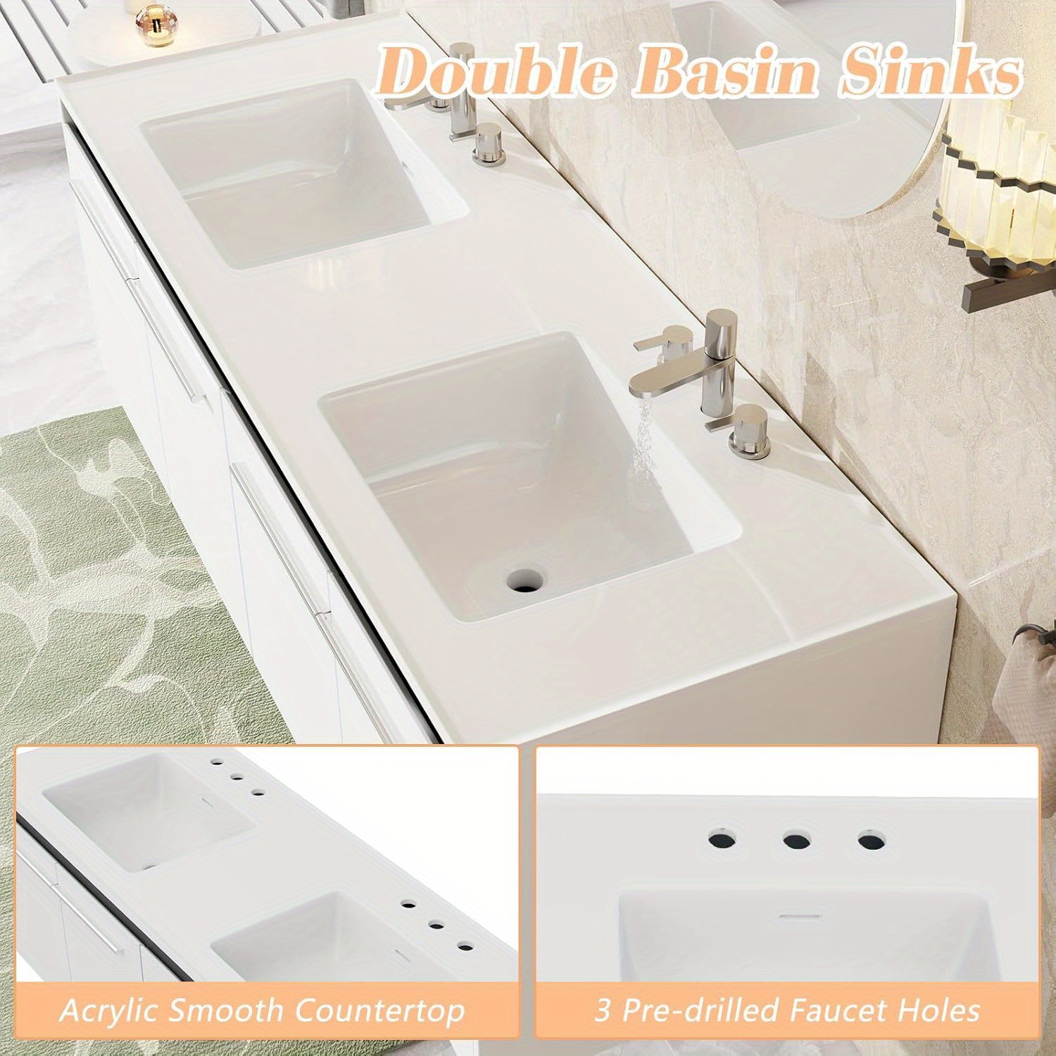 led floating bathroom double vanity with sink combo modern high gloss wall mounted bathroom storage cabinet with 3 hole sink metal handles soft closing doors Product details 7