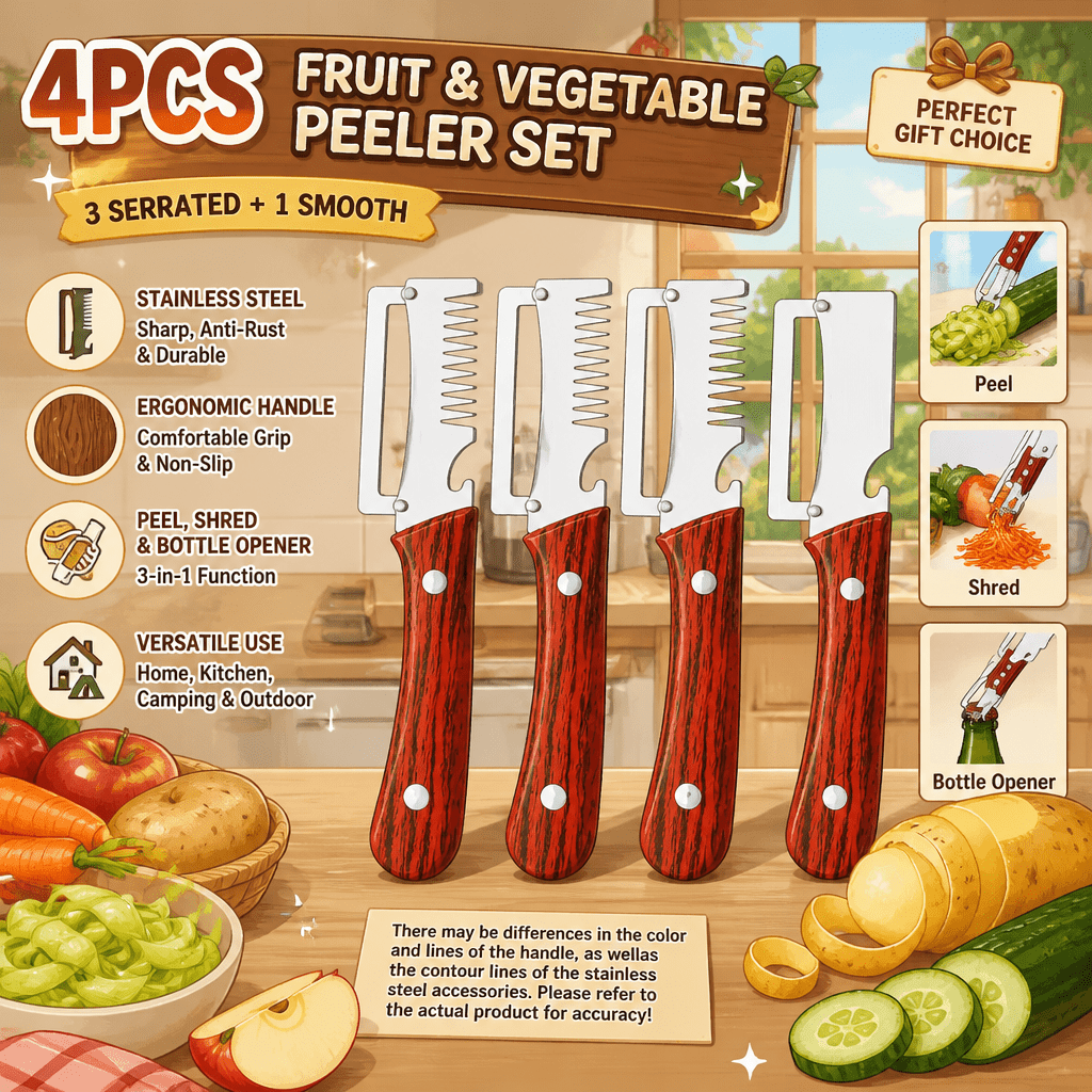 TEMU 2026 New Upgraded Vertical Peeler Set | 4pcs Precision Stainless Steel Peelers (3pcs Serrated And 1pc Flat) | Ergonomic Handle, Non-slip And