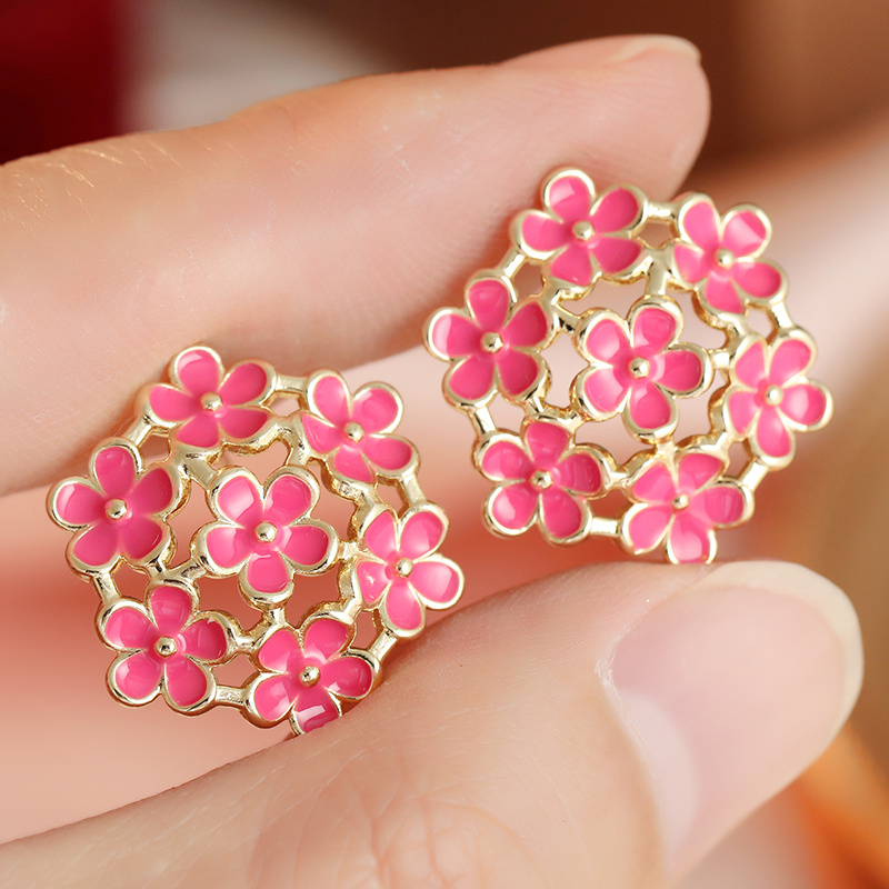 Women's Hand-Painted Enamel Floral Stud Earrings, Retro Design