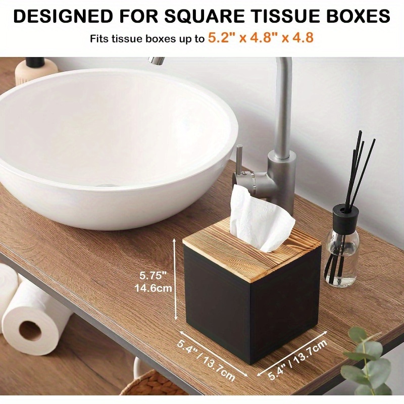modern black wooden tissue box cover - decorative cube tissue dispenser with top surface, space-saving organizer for bathroom, kitchen, office, living room - compatible with standard tissues,   decor storage solution, tissue holder for bathroom, tissue box for living room, rectangle shape, bathroom layout- bright purple & teal accents Product details 2