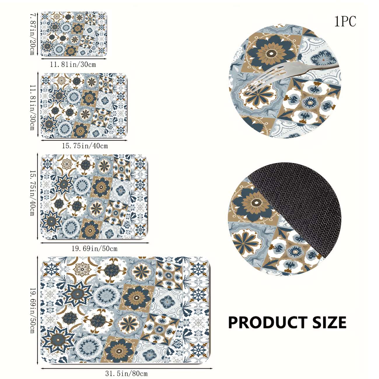 TEMU 1pc Super Absorbent Quick-drying Non-slip Kitchen Mat Coffee Mat - Kitchen Countertop Dish Drying Mat, Blue And Golden Vintage Tile Collage,