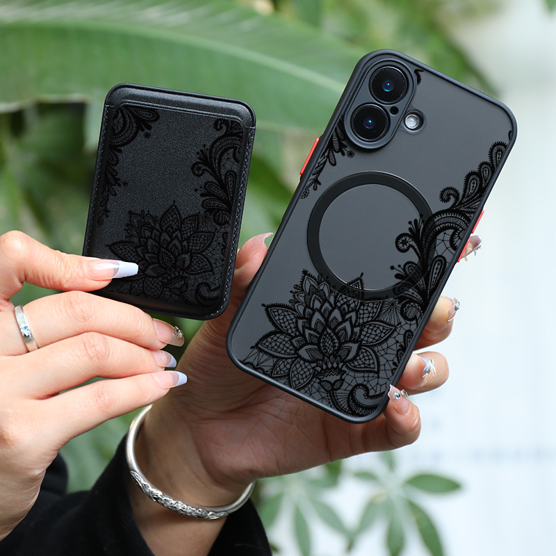 TEMU Phone Case - 2pcs 1 Set&fashionable Luxury All Inclusive Shockproof Black Flower Pattern For Iphone 16 15 14 13 12 11 Pro 8 Pus Magnetic Phone