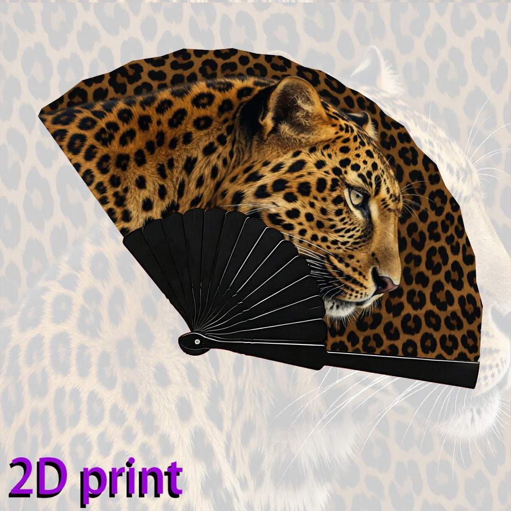 TEMU A Folding Hand Fan For Men And Women With A Leopard The Side.it Features A Vintage Leopard Print Pattern, Is Lightweight And Practical, Suitable