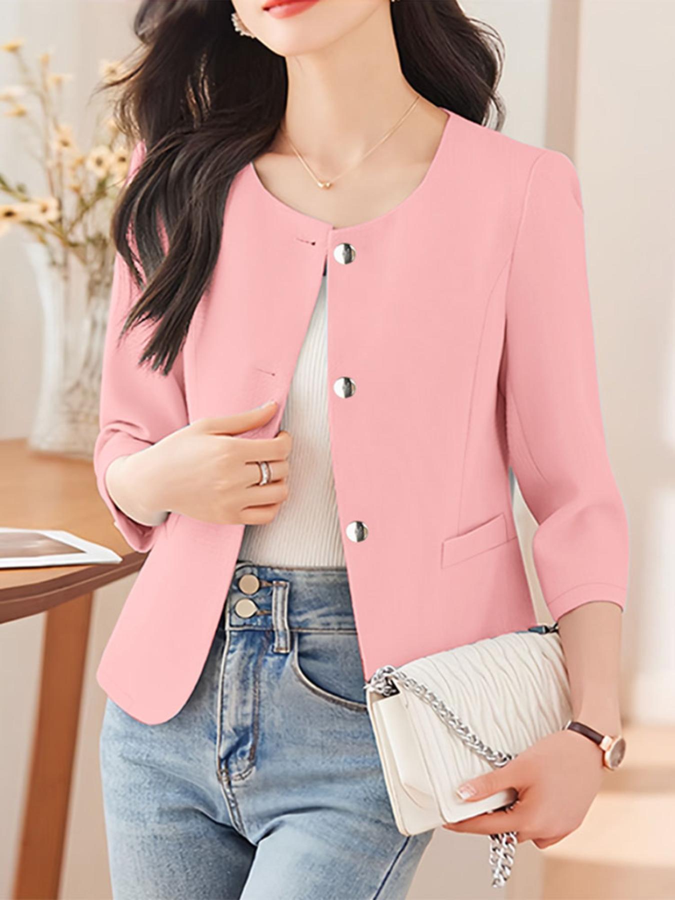 Color: Pink Plus Size - Women Street Style Tops Solid Color Long Sleeve Crew Neck Single Breasted Loose Blouse Outdoor Easy Commuter Lightweight Korean Style Ladies Shirt