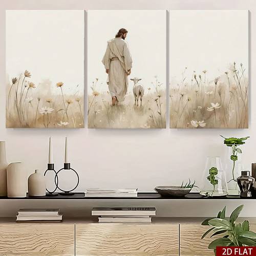 2d flat 2d camvas3pcs high definition wall art framed canvas painting jesus and shepherd bible watercolor painting sheep christian faith leaving 0