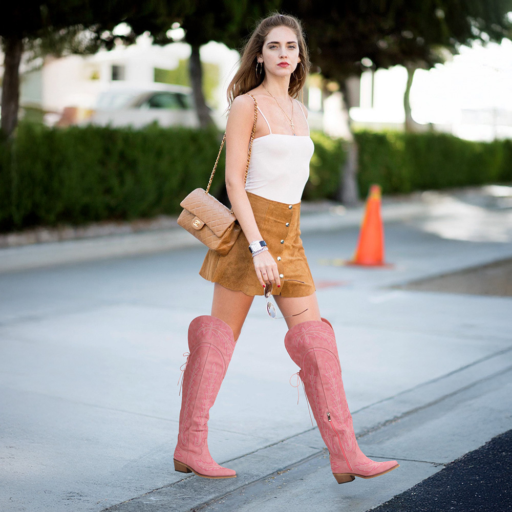 Thigh High 70 Style Boots Pink Embroidered Western Cowgirl Boots