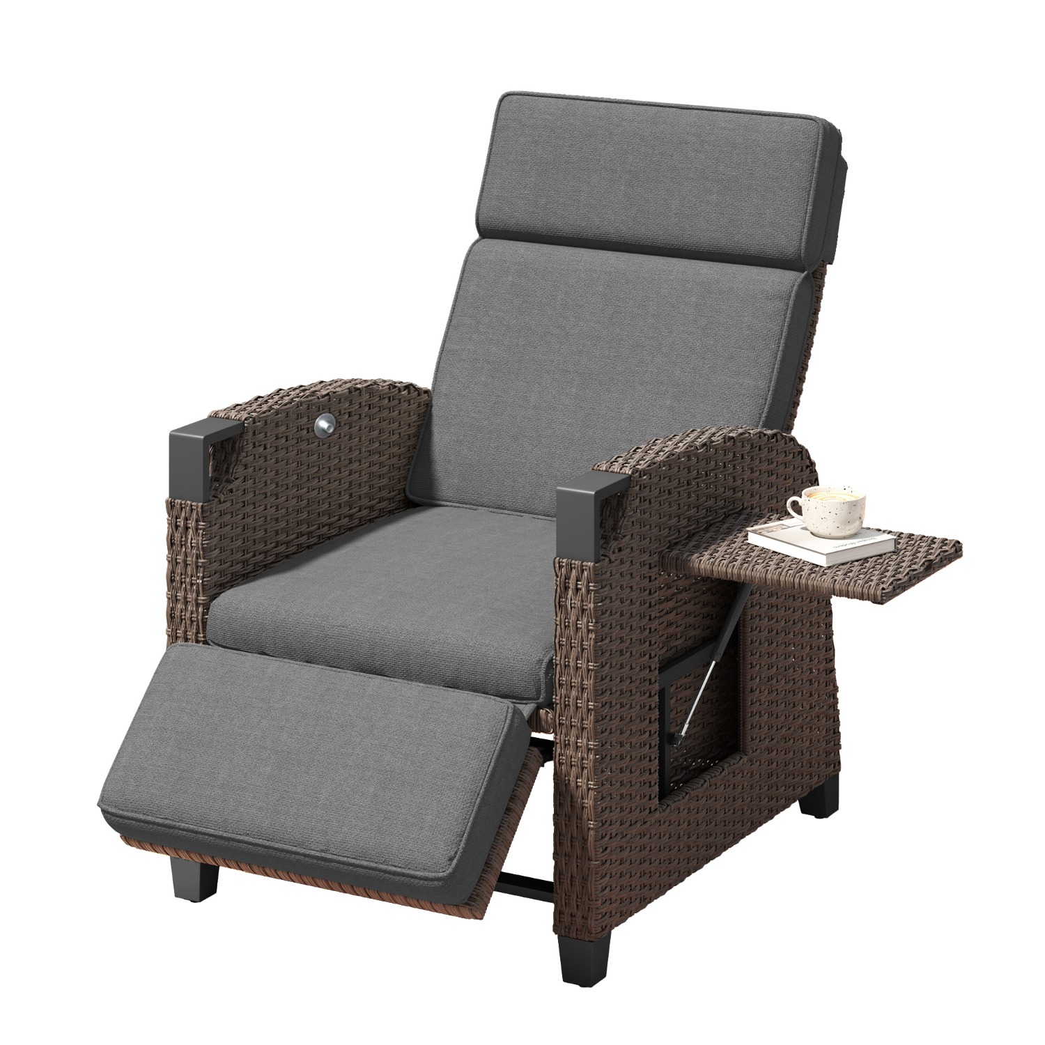 Image of Youdenova Rattan Lounge Chair With Adjustable Backrest And Folding Table- Weather Resistant- For Patio, Garden, Balcony- Beige And Brown Rattan
