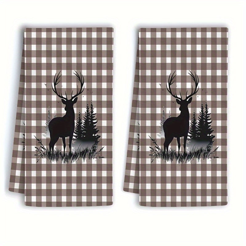 E-shop 2 Stück 18x26 Zoll Moderne Tiermuster Geschirrtücher - Schachbrettmuster Hirsch & Waldmotiv, Superweiche Polyester, Zeitgemäße Küchen- und