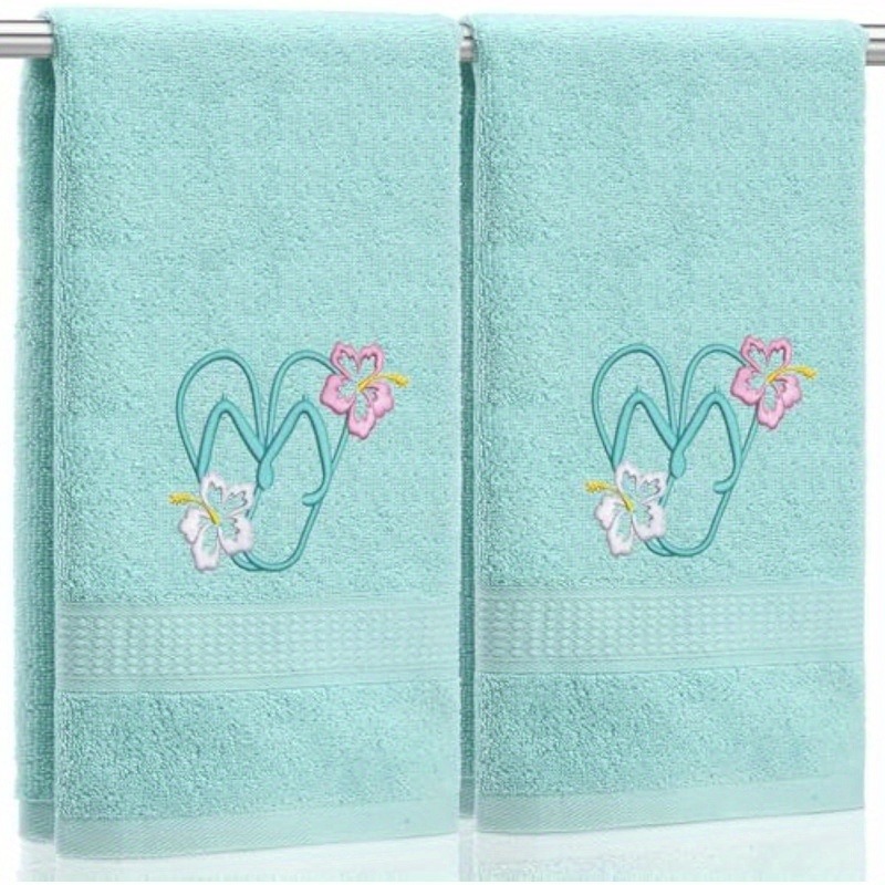 TEMU 2d Flat - 2d Flat - 2pcs Bath Hand Towels, Soft, Quick-drying Absorbent, Mint Green With Floral Flip-flops Design, Durable Polyester Towels For