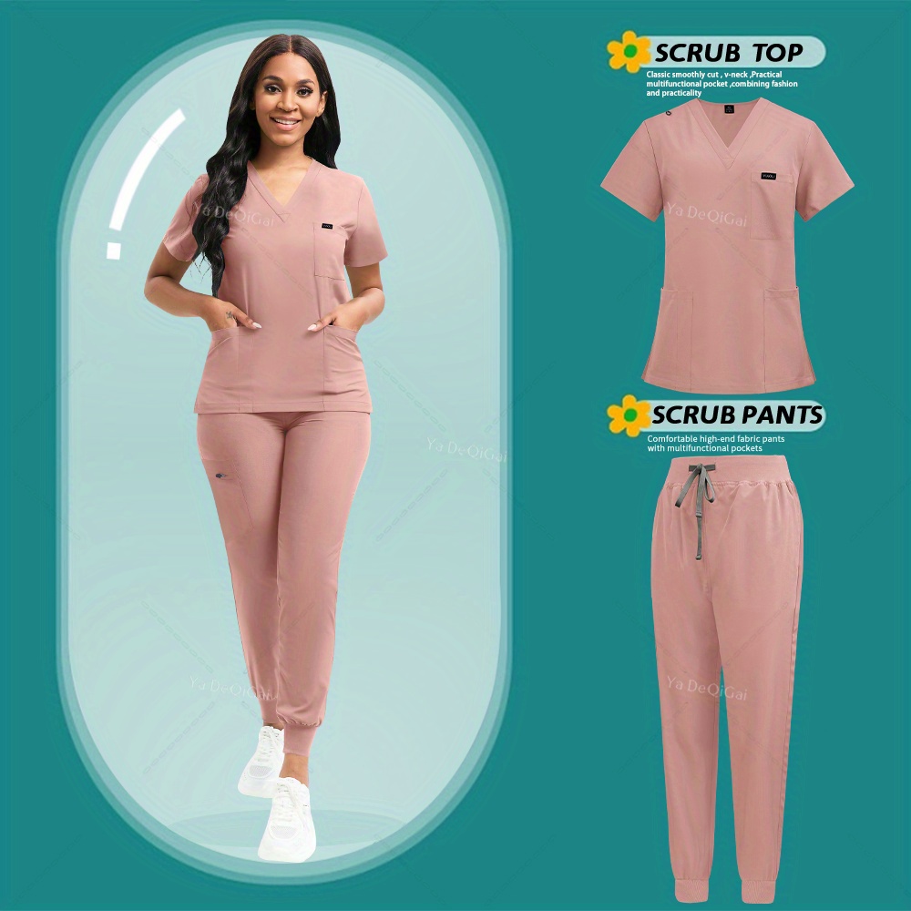 TEMU Stretch Scrubs Women Set Nursing Uniforms Scrubs Set Nurse Doctor Workwear Scrubs Top+ Jogger Pants
