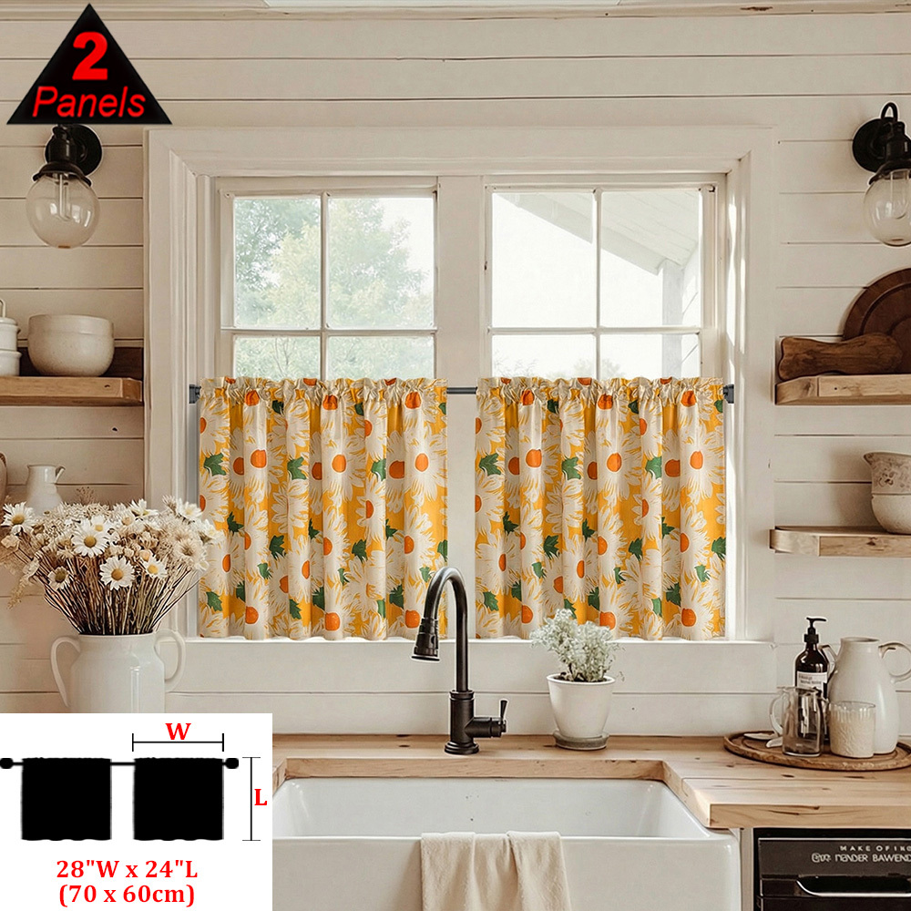 TEMU 2pcs Set, And Orange Print Kitchen Blackout Curtains, A Pair Of Small Curtains, Exquisite Illustration Print, Fade-resistant, Rod With , ,