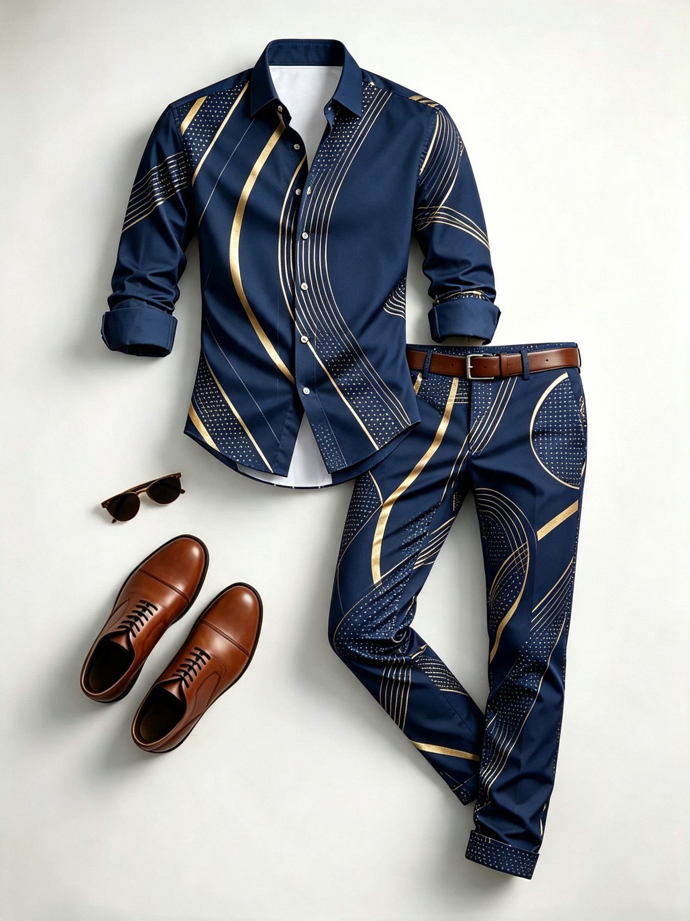 Conjunto de 2 Peças, Camisa de Manga Comprida e Calça Masculina Elegante