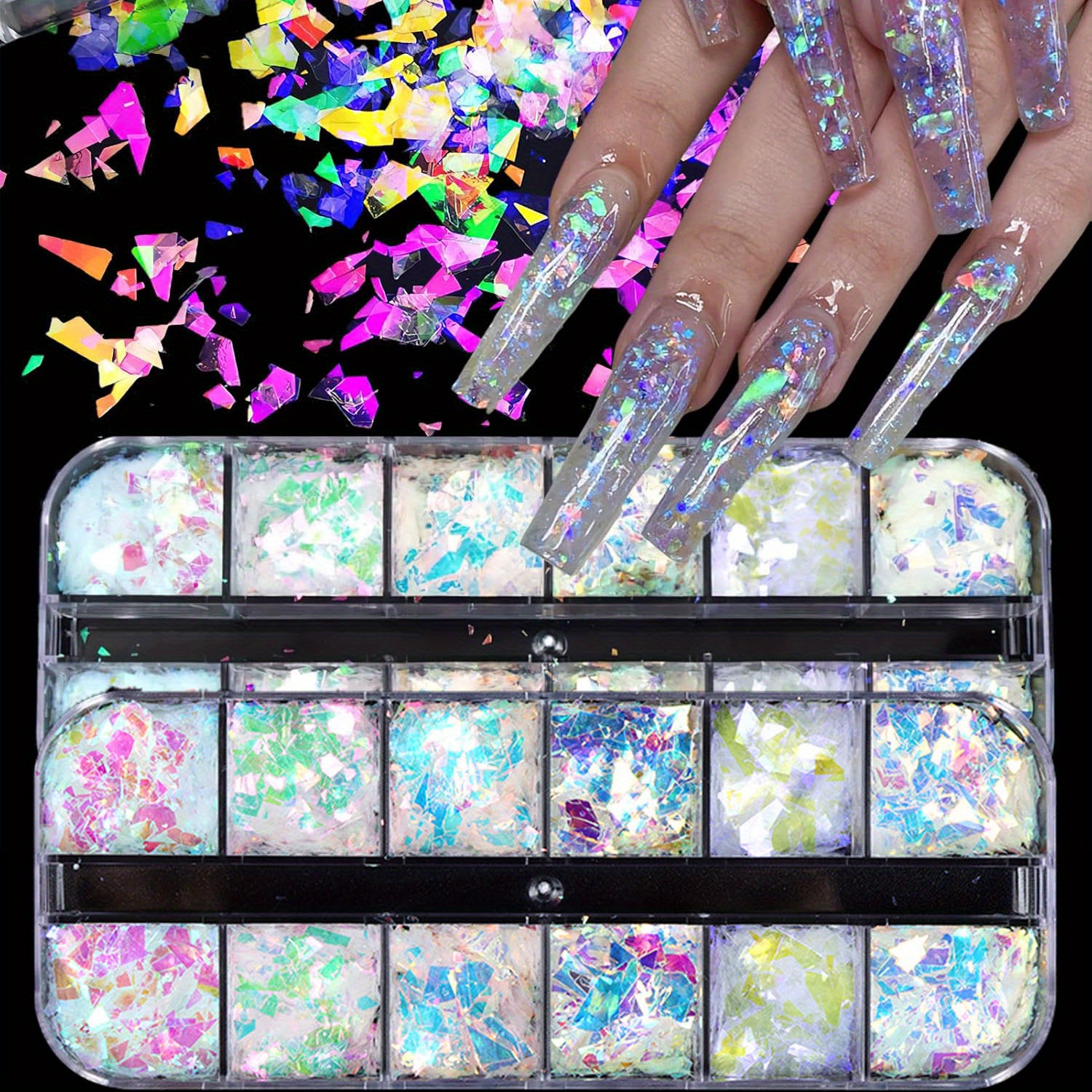 

24pcs Iridescent Nail Art Sequins, Aurora Holographic Mermaid Glitter Flakes, Irregular Ice Chunky Glitter, Chameleon Flakes, Fluorescent Glass Paper For Nail Art, Diy Decoration, Rectangle, Unscented