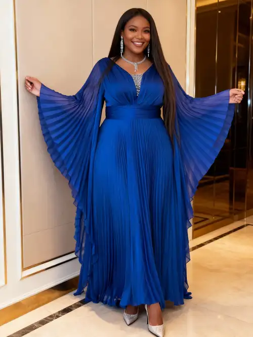 pleated royal blue dress High end long sleeve pleated royal blue dress- Kari L