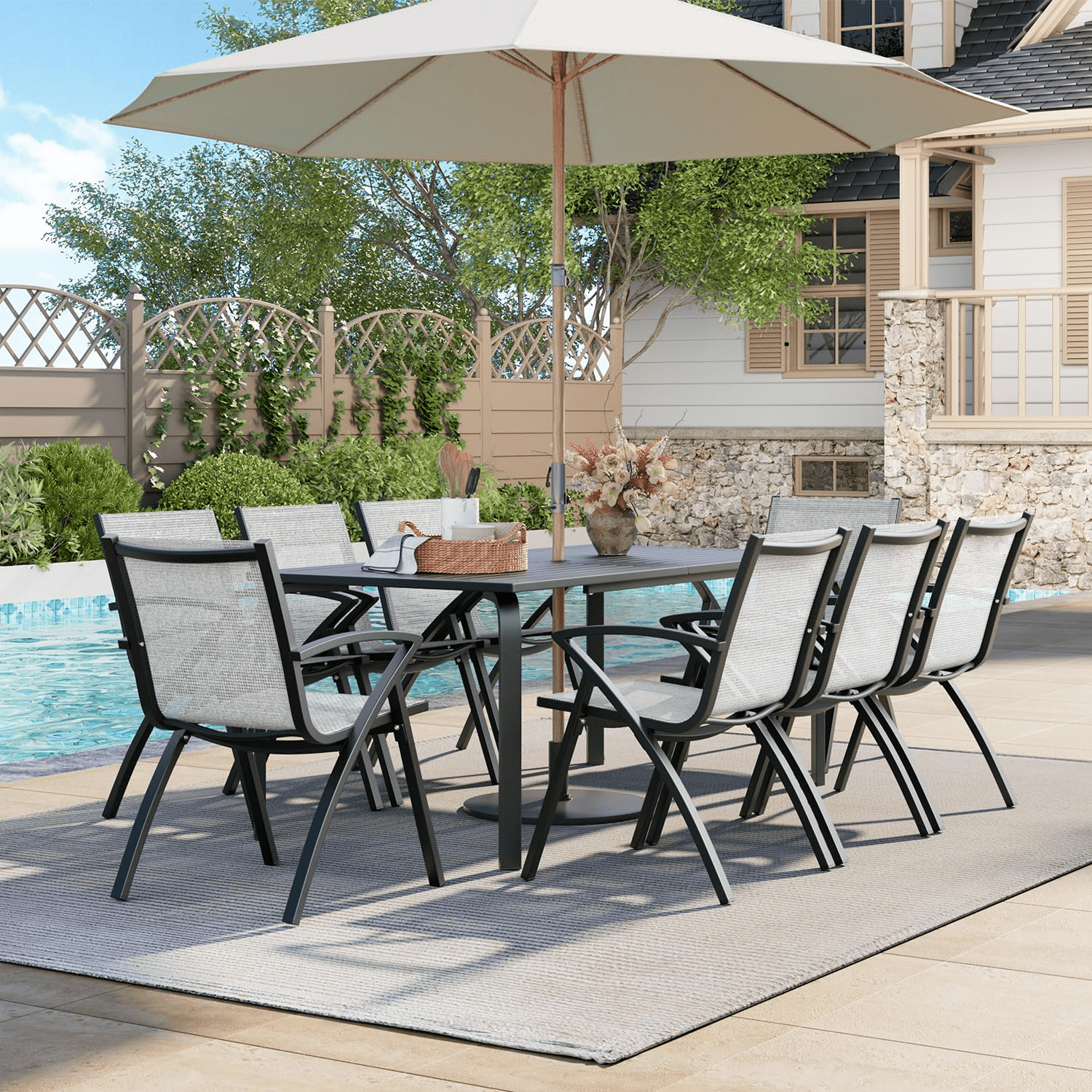 71-Inch Rectangular Aluminum Outdoor Dining Table Designed for Patios, Featuring an Umbrella Hole, Resistant to Weather And Rust, Accommodating 6 to 8 Individuals for Backyard And Deck Use