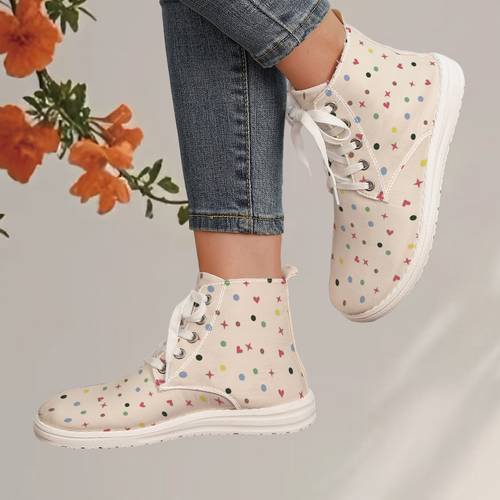 Artikelbild neue ganzjahres-flachschuhe mit buntem polka-dot-/herzförmigem 2d-druck, modische high-top-freizeitschuhe, leicht, bequem vielseitig, damenschuhe