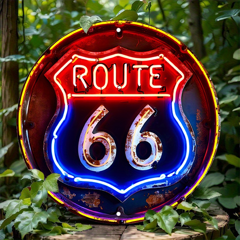 

1pc Vintage Metal Sign Vintage Route 66 Neon Sign, Rustic And Nostalgic Appearance Round Poster For Bar, Cafe, , Backyard, Ideal For , 7.8x7.8 Inch