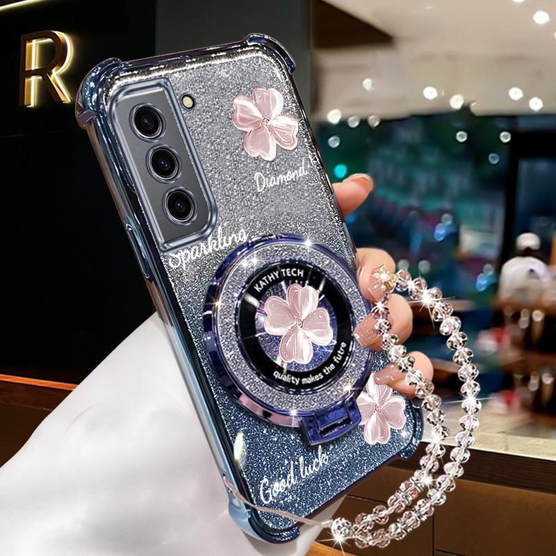 TEMU Phone Case: Luxury Clover Wrist Strap Magnetic Glitter Phone Holder Case On For Galaxy S21 Galaxys21 5g Anti-knock Shock Proof Stand Back Cover