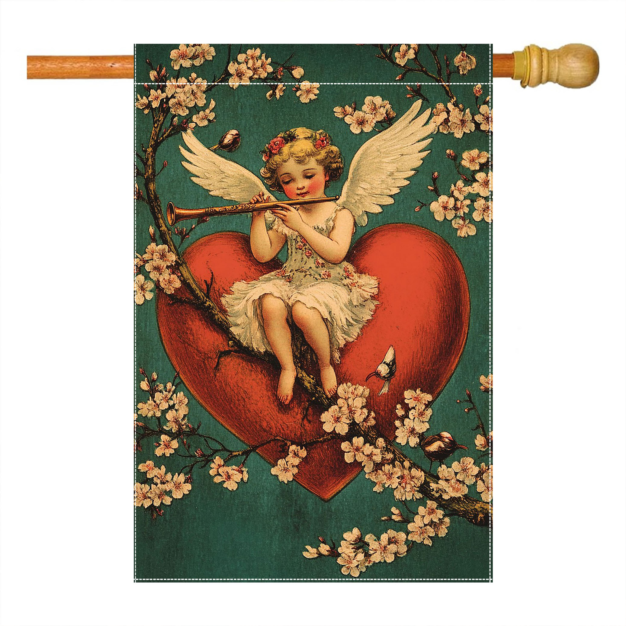 

Double-sided Valentine's Day Garden Flag - Retro Cupid With Hearts & Flowers, Polyester, Outdoor, Yard, And Lawn Decor, Valentine Garden Flag