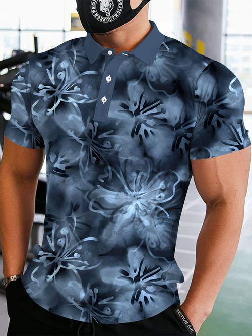 Artikelbild druckdesign – strukturiertes herren kurzarm mode golf blau blumenmuster abstrakter stil lässiges herren t-shirt top sommer graffiti druck kleidung pullover kragen