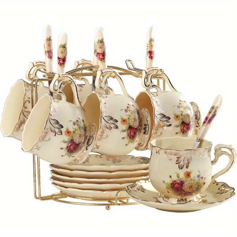 flowering shrubs tea cups and saucers set of 6 ivory ceramic floral tea cups set with golden rack coffee cups 8oz, cups for tea, porcelain tea cup, teacup, tea sets, elegant tableware, tea party supplies, vintage tea ware, decorative teacups,   cups,   porcelain,  , home   Product details 0
