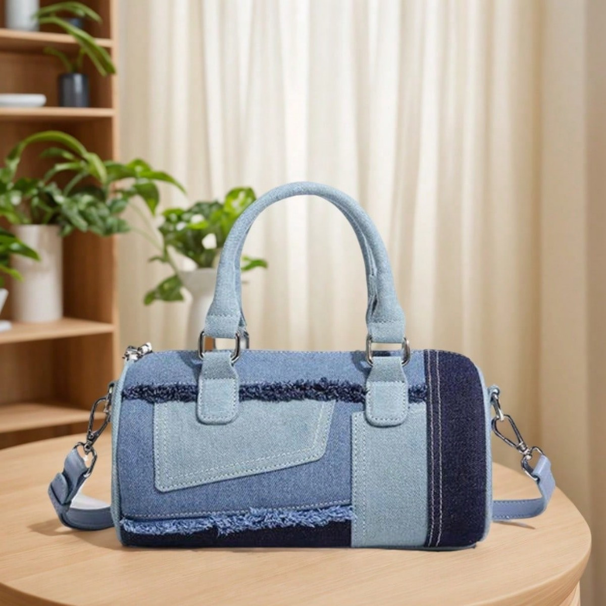 

1pc Women's Denim Crossbody Handbag, Geometric Splicing Design, Large Capacity Fashion Bucket Bag With Long Shoulder Strap, Zip Closure, Lined Interior, For Daily And Dating