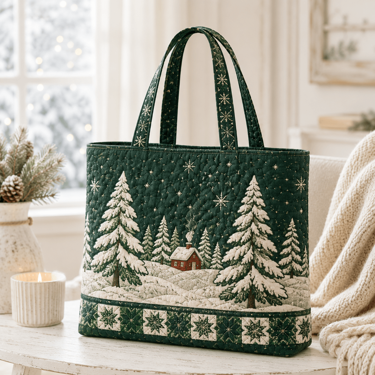 Image of 17*15inchquilted Tote Bag For Women, Cabin Pattern Handbag, Snowy Pine Tree Embroidery Detail, Soft Handheld Bag, Large Capacity School Work Bag For Daily Use Weekend Gym