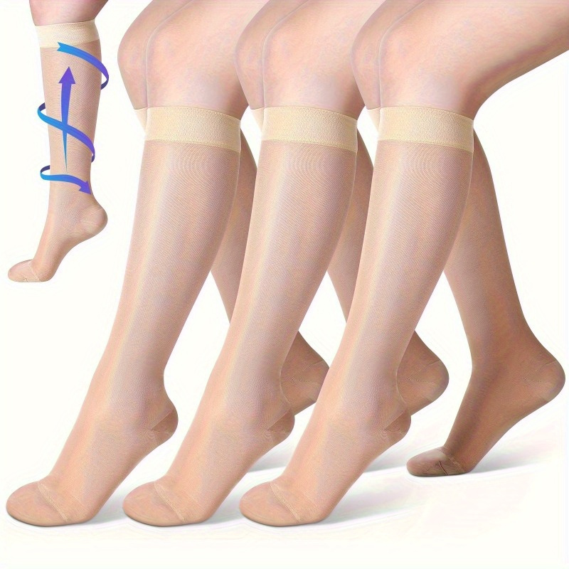 

3pcs Women's Sheer Stockings, 20-30 Mmhg, Nylon & Spandex , Gradient , With Easy On Rubber Bands For Assistance