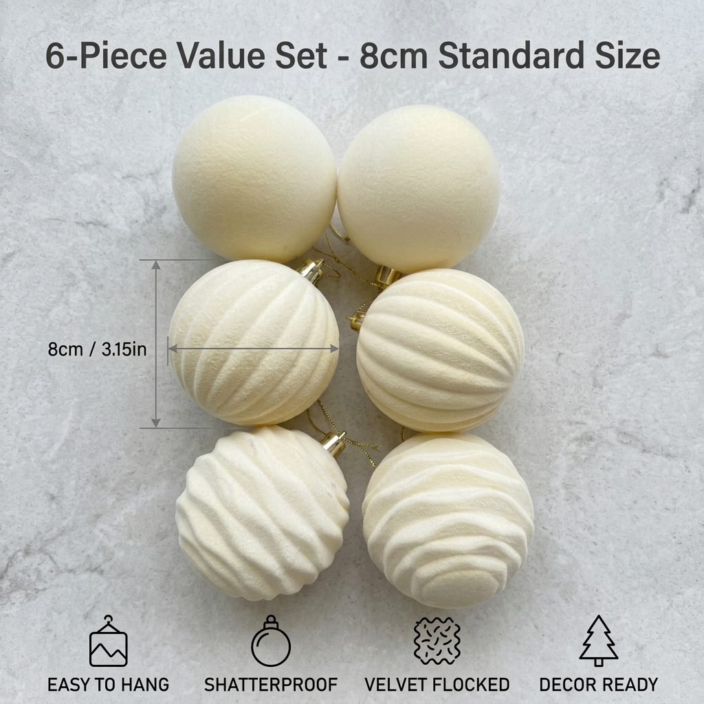 TEMU Decorazioni a Sfera 6 pezzi 8 cm Velluto Crema Floccato Momi di Natale Infrangibili Decorazioni da Appendere per Albero di Natale