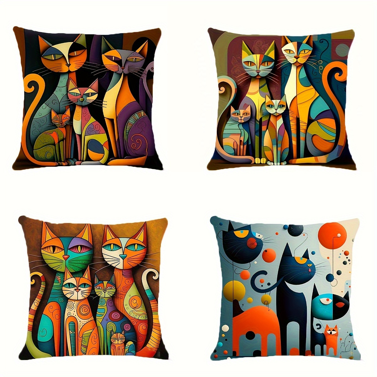 TEMU Set federe per cuscini con stampa gatto astratta in stile vintage, lavabili in lavatrice, in poliestere, con chiusura a zip, adatte per la casa,