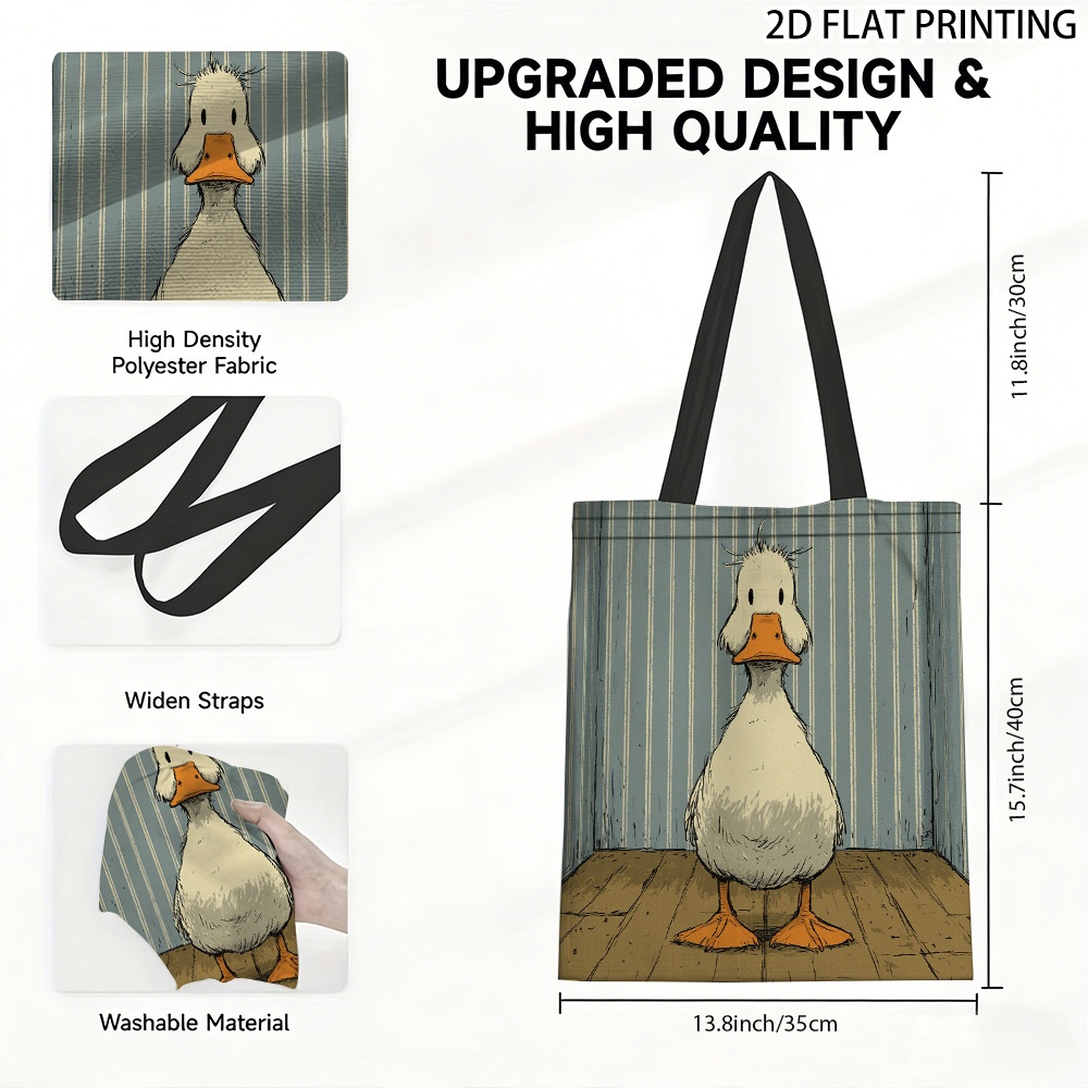 TEMU (2d Flat) 1pc Duck Standing Indoors Tote Bag, Durable Canvas Large Capacity Design, Grocery Shopping And Trips, Ideal For Work School Daily