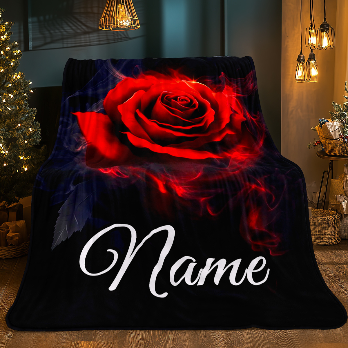 TEMU Custom Name Fashionable Red Rose Soft And Portable Blanket- Lightweight Flannel Throw For Sofa, Camping, Livingroom, Office, Chair, And Bed -