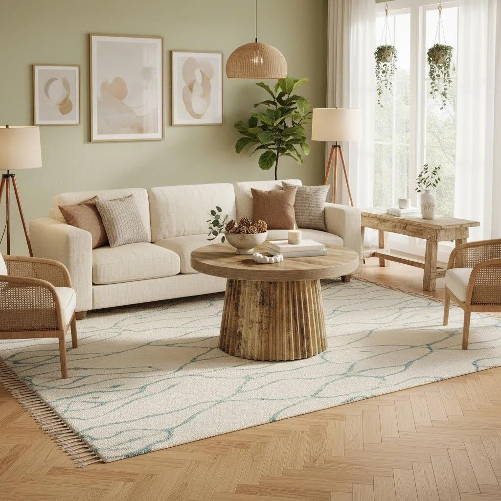 Round Coffee Tables Measuring 80.01 cm, Featuring a Fluted Drum Base, Designed in a Small Farmhouse Style, Perfect As a Mid-Century Modern Boho Accent Table for Living Rooms, Apartments, Or Compact Spaces, in a Brown End