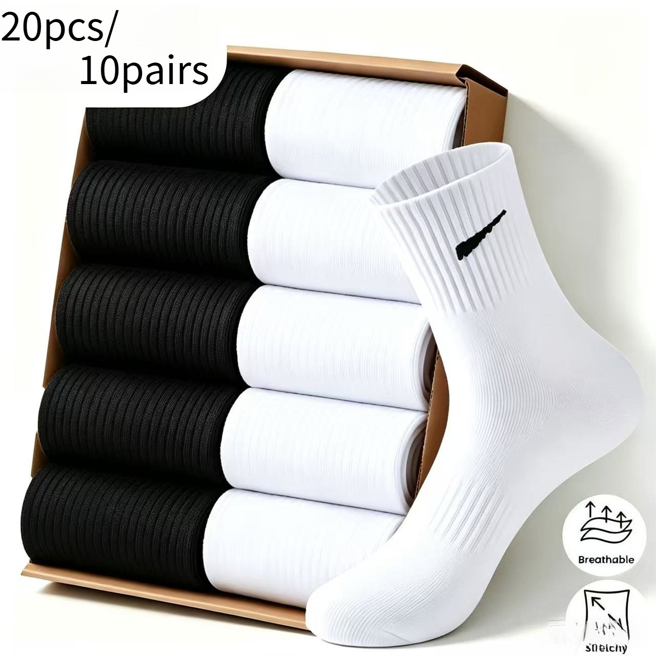 TEMU 20 piezas/10 de calcetines deportivos de media pantorrilla prémium para hombre, cómodos para , verano y otoño, calcetines casuales de negocios y