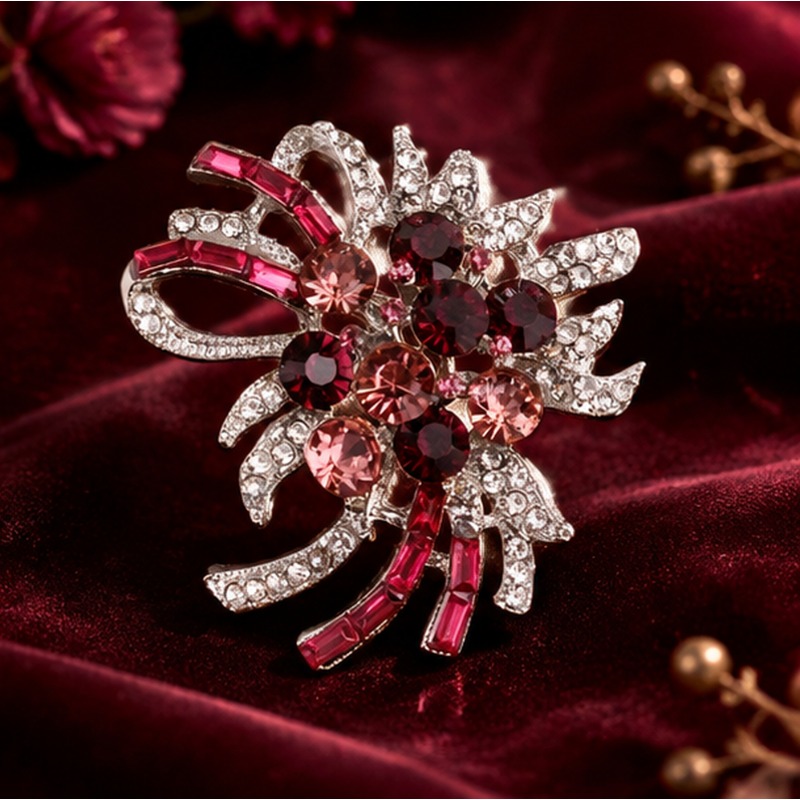 TEMU Flower-shaped Brooch With Pink And Red Rhinestones: Perfect For Outfits, Evening Events, And Elegant Styles, Christmas Gift
